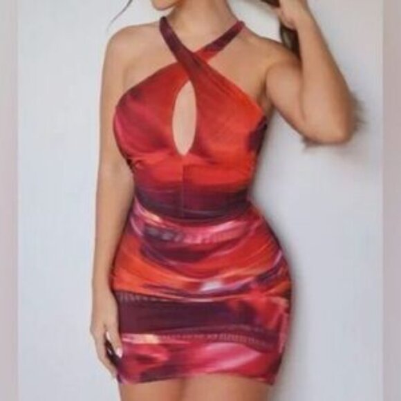 Oh Polly Out Of This World Red Orange Ombré Ruched Bodycon Mini Dress 4 NEW Tags - Picture 5 of 12